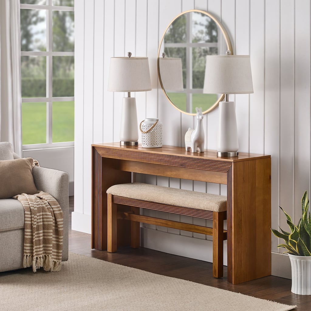 Fluted Counter Height Bar Table Set for 2, Dining Table with Fabric Upholstered Bar Stool with Solid Wood Legs