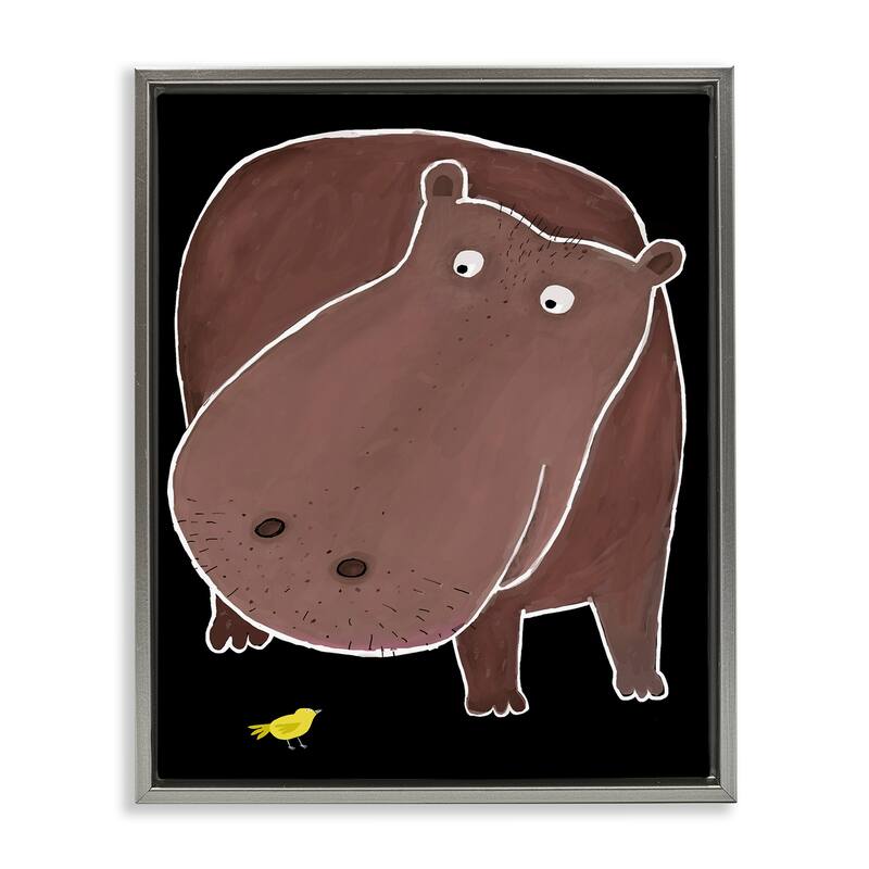 Stupell Hippo & Bird on Black Framed Floater Canvas Wall Art Design By Carla Daly - 17 x 21 - Grey
