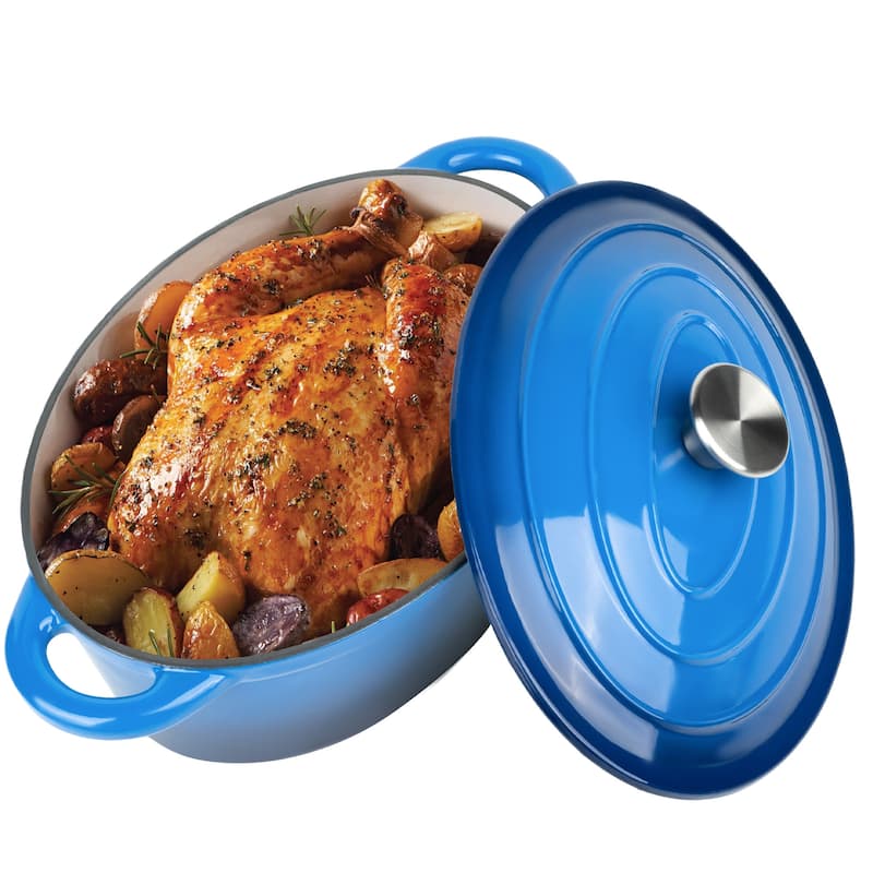 11.4 Inch Oval Dutch Oven with Lid, 4.5 Quart Cast Iron Dutch Oven with Non-Stick, 500-degrees F - Blue
