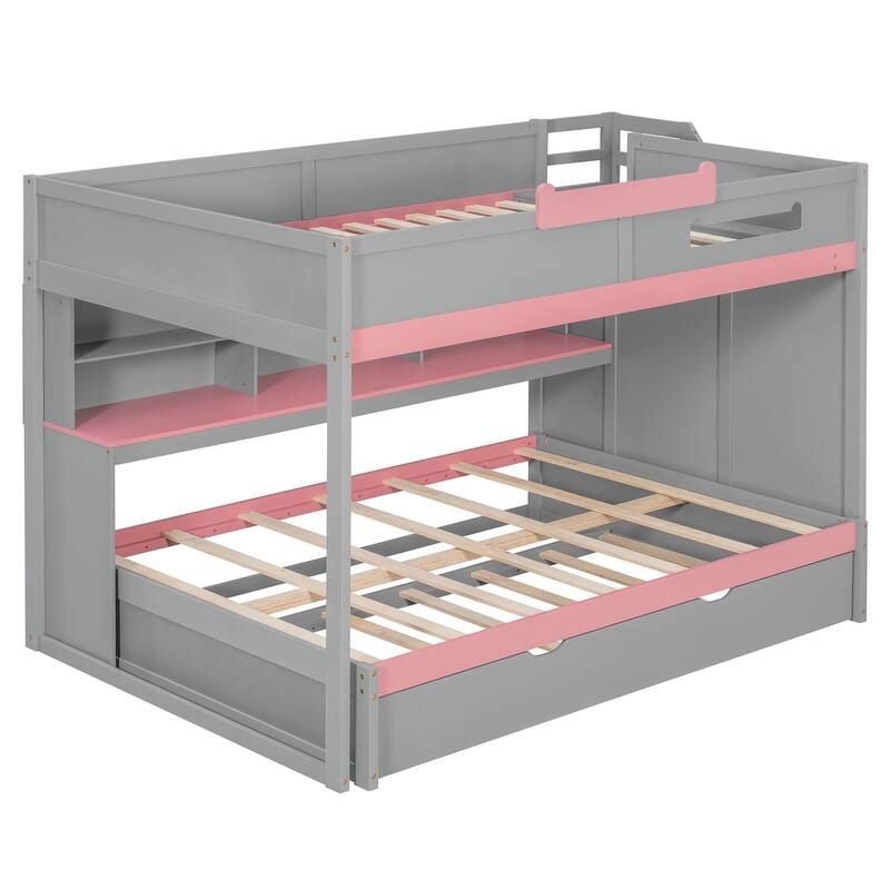 Full Over Full Bunk Bed with Twin Trundle, Staircase, Kids Loft Bed with Storage, LED Lighting, Space-Saving Wood Bed Frame