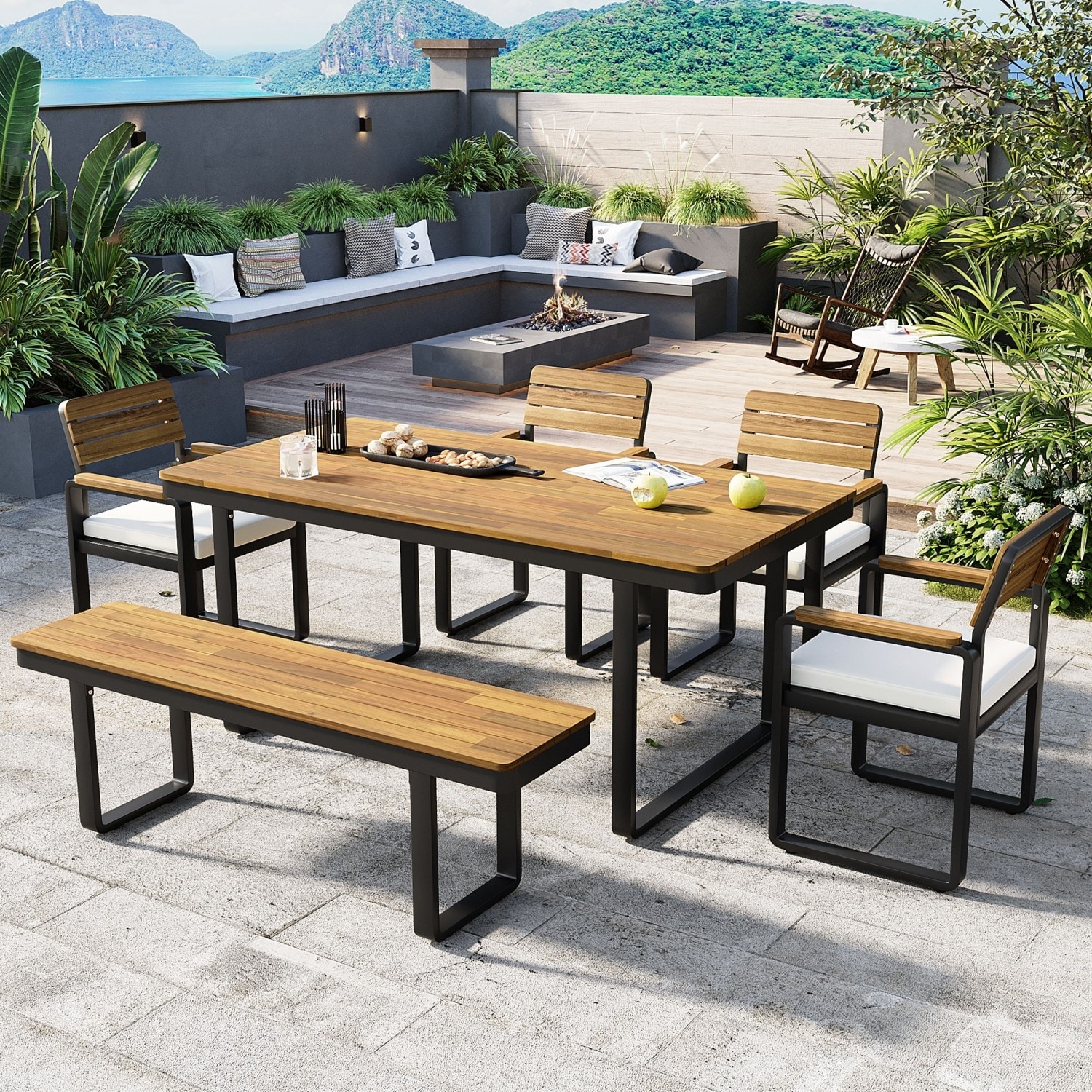 6-Piece Patio Set, Acacia Wood Dining Table with 4 Chairs and 1 Bench