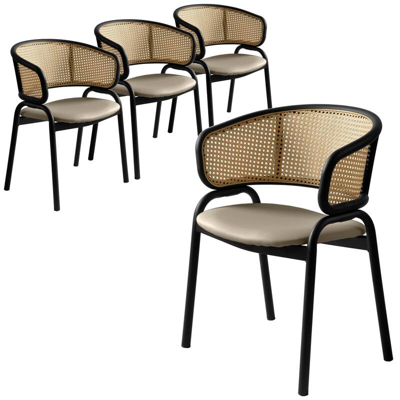 LeisureMod Set of 4 Modern Wicker Back Leather Dining Chairs with Black Steel Frame - Accent Side Armchair for Home Upgrade - Taupe