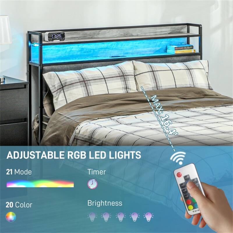 Platform Bed with Powder-Coated Metal Frame and RGB LED Remote Lights USB Charging