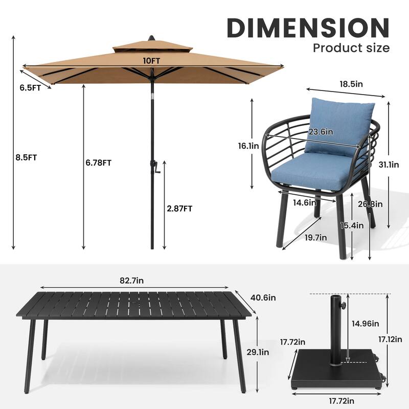 11-Piece Outdoor Patio Dining Set with Sunbrella Cushion Aluminum Dining Table and Chairs w/10 ft Umbrella and Base with Wheels