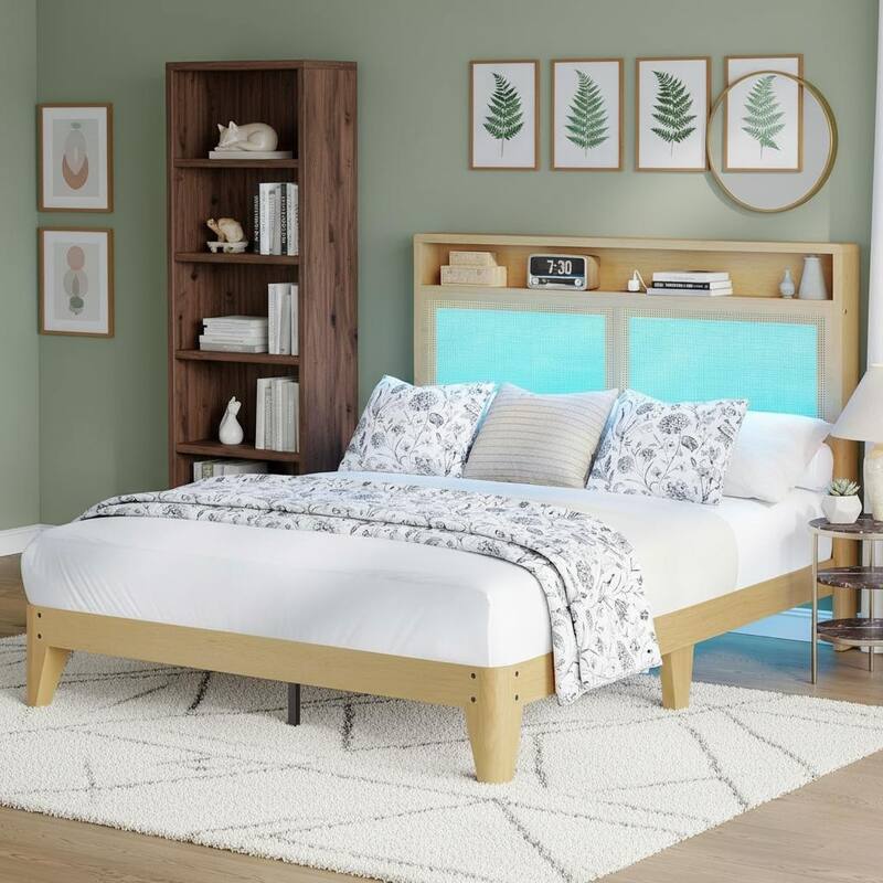 Rattan Bed Frame, with LED Lights & Charging Station - King