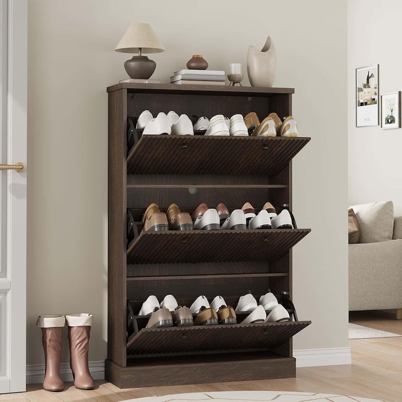 Freestanding Fluted Shoe Cabinet Organizer for Entryway, Hallway, Living Room with 3 Flip Drawers