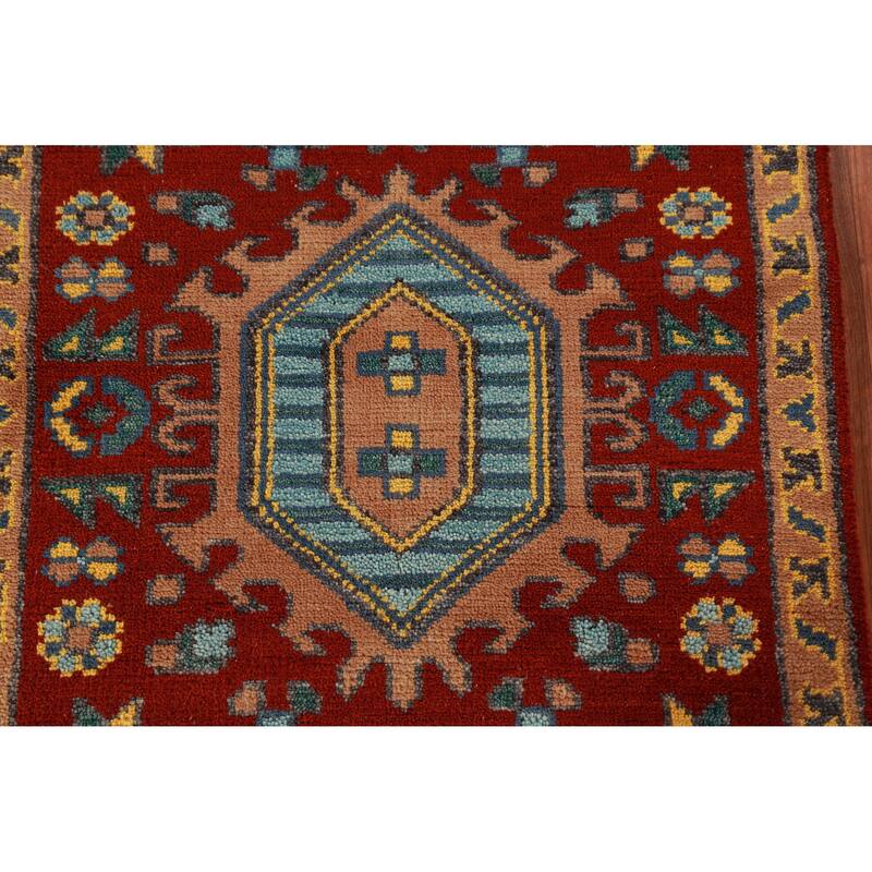 Red Geometric Khotan Indian Runner Rug Hand-Knotted Wool Carpet - 2'7"x 7'8"