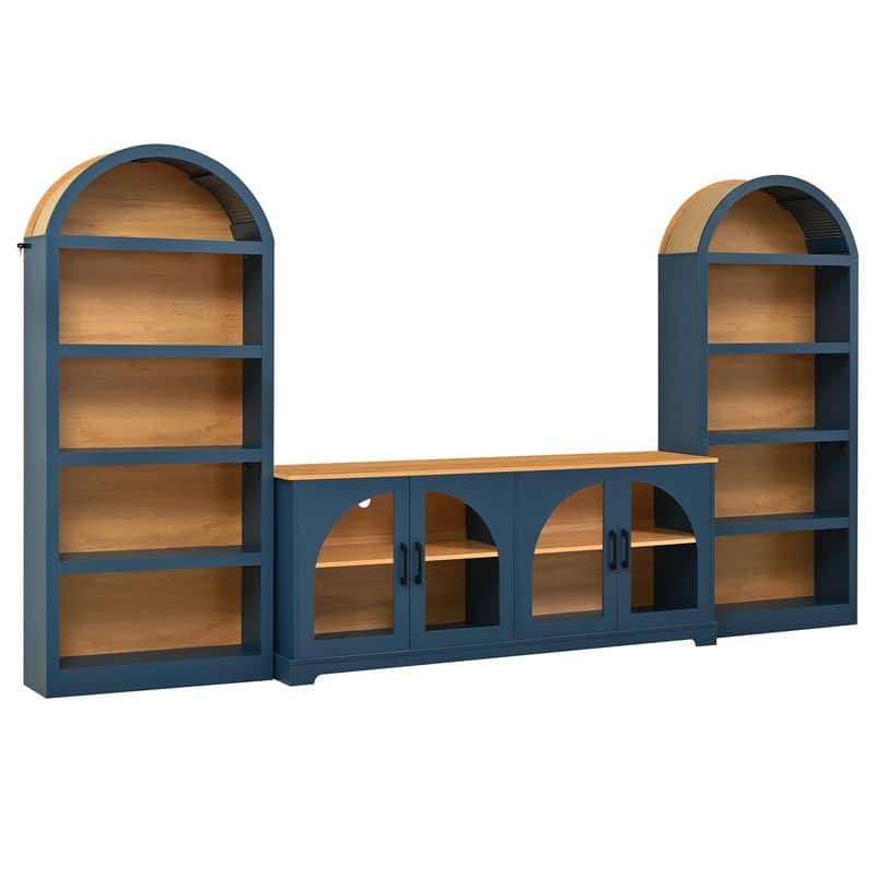 Farmhouse 3-Piece TV Stand Set for TVs Up to 70", Entertainment Center with Arched Sideboard and Glass Doors for Living Room