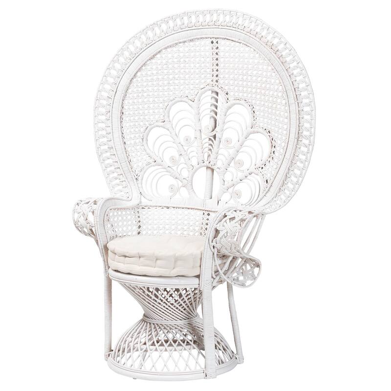 Ediva Modern Bohemian White Natural Rattan Peacock Accent Chair