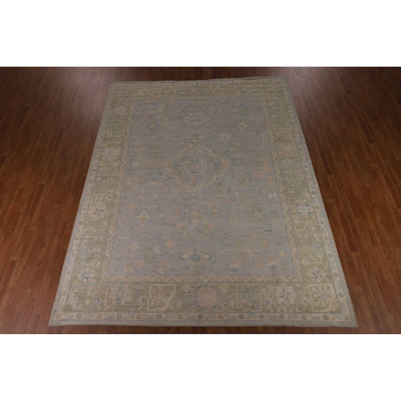 Vegetable Dye Oushak Turkish Area Rug Hand-Knotted Grey Wool Carpet - 9'5"x 12'1"
