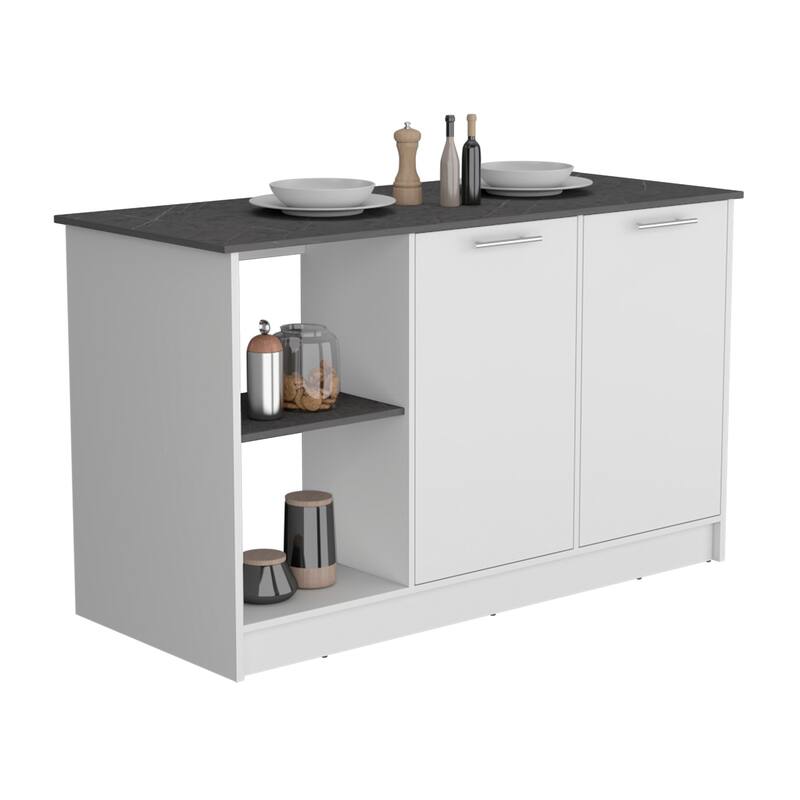 Kitchen Island with Large Countertop, Open Storage Shelves and Double Door Cabinet, White / Onyx