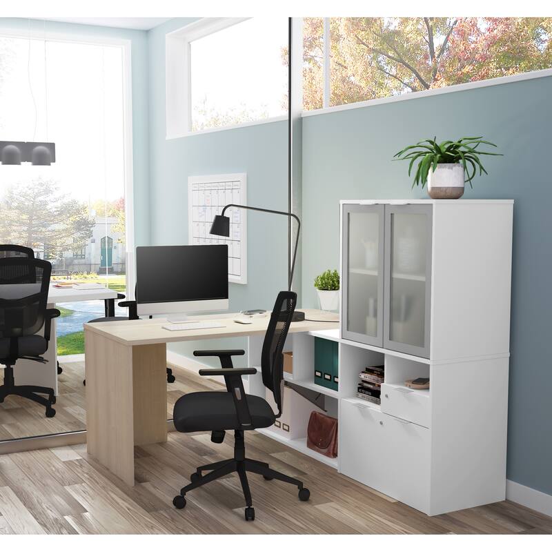 Bestar i3 Plus L-Desk with Frosted Glass Door Hutch
