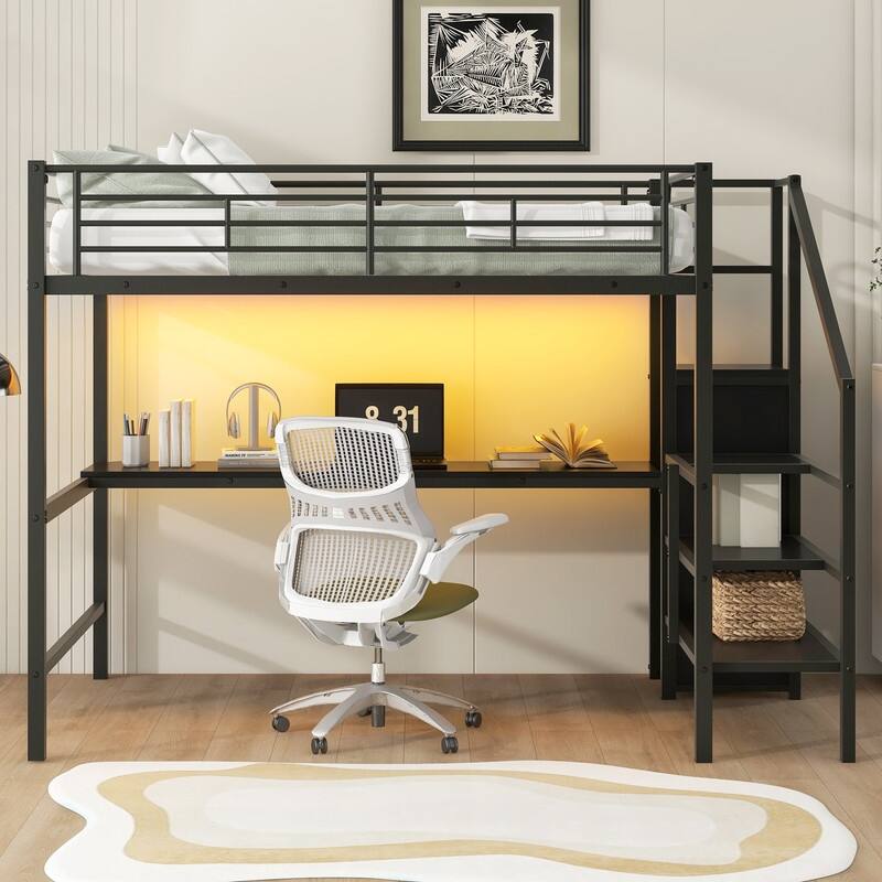 Full Size Metal Loft Bed with Desk, Storage Staircase, Small Wardrobe and LED Light,Black