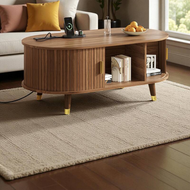 42.5'' Oval Fluted Coffee Table with Charging Station, Mid-Century Tambour Door Center Table with Solid Wood Legs