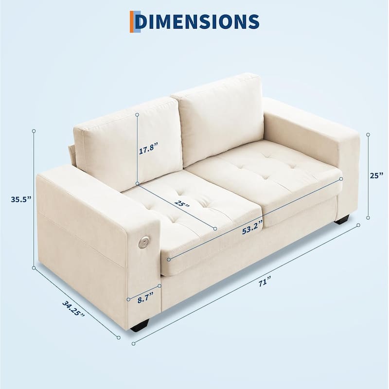 70" Chenille Loveseat Sofa with USB Charging – Modern Sectional w/Storage Pockets & Removable Cover for Living Room,