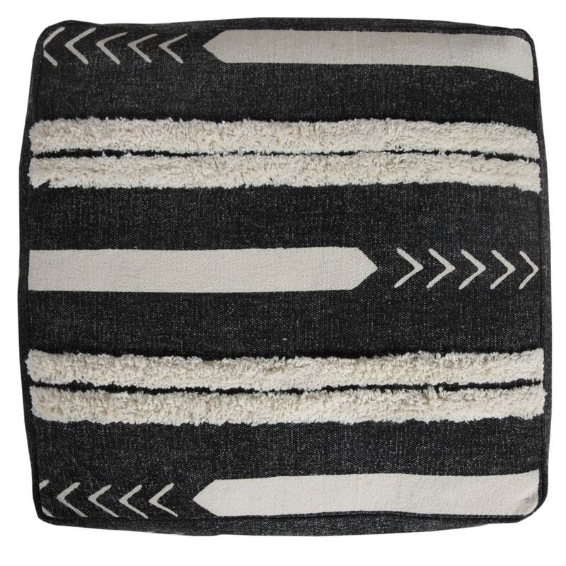 Modern 18 Inch Black Cotton Pouf Ottoman with Geometric Design