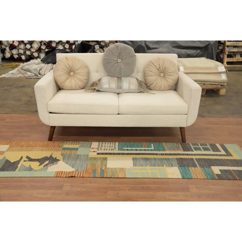 Hand Woven Oriental 100% Wool Carpet Southwestern Modern Multi-Colored Kilim Runner Rug - 8' 3'' X 2' 1''