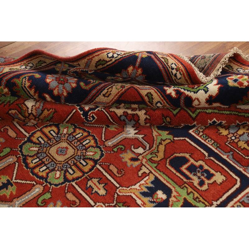 Orange Geometric Heriz Serapi Indian Area Rug Handmade Wool Carpet - 9'2" x 11'10"