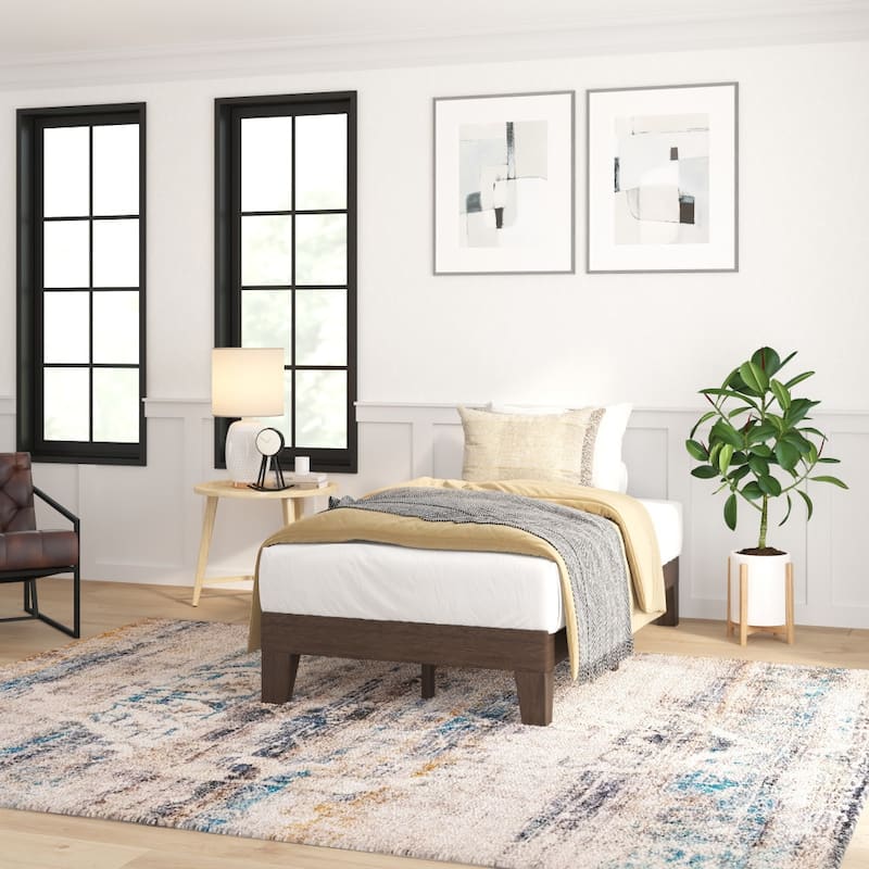 Wood Platform Bed with 14 Wooden Support Slats - Walnut - Twin