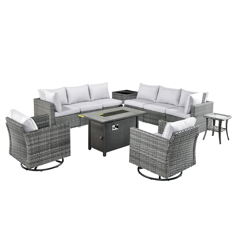 HOOOWOOO 11-piece Rattan Wicker Outdoor Furniture Set Swivel Chairs with Fire Pit
