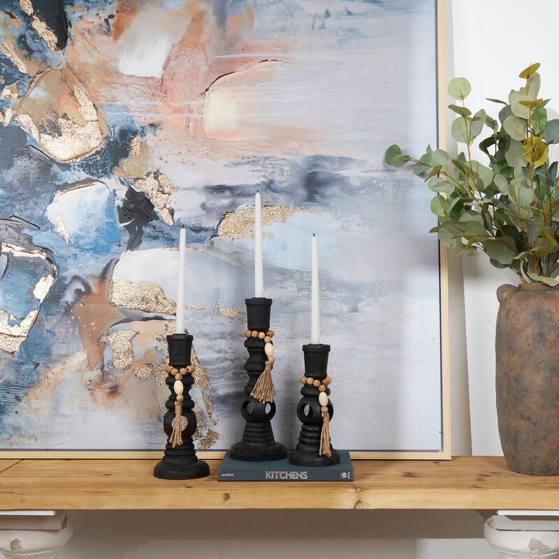 Black Wood Handmade Textured Matte Candle Holder with Beaded Garland Accent (Set of 3) - Black