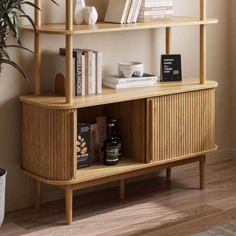 Bookshelf with Sliding Tambour Doors, Mid Century Modern Bookshelf with Storage, Wooden Open Display Shelf