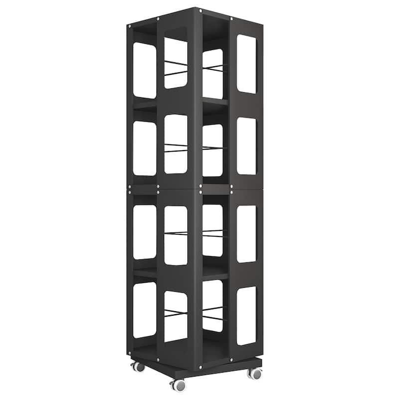 Modern 4-Tier Rotating Bookcase – 360° Swivel Wheels For Easy Mobility, Extra-Large All-Steel Construction . - Black