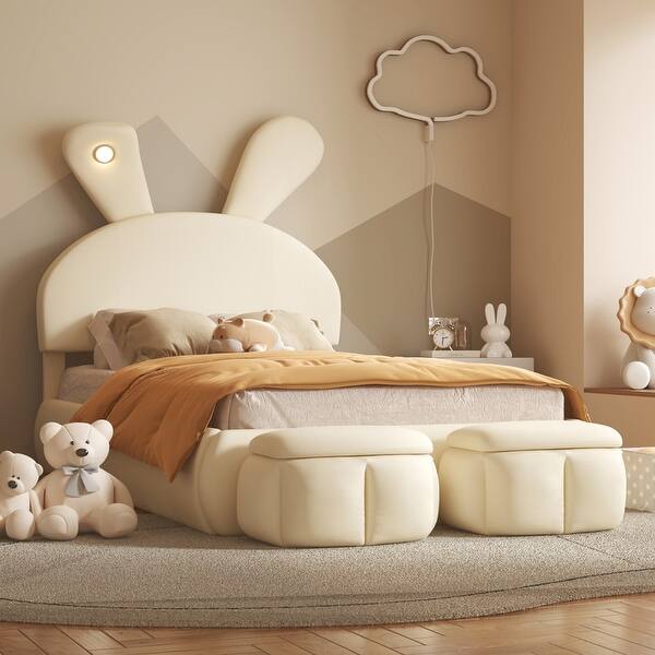 slide 2 of 31, Twin Upholstered Kids Platform Bed with Bunny Ears Shaped Headboard, Cute Velvet Bed Frame with Light and 2 Storage Ottomans Beige