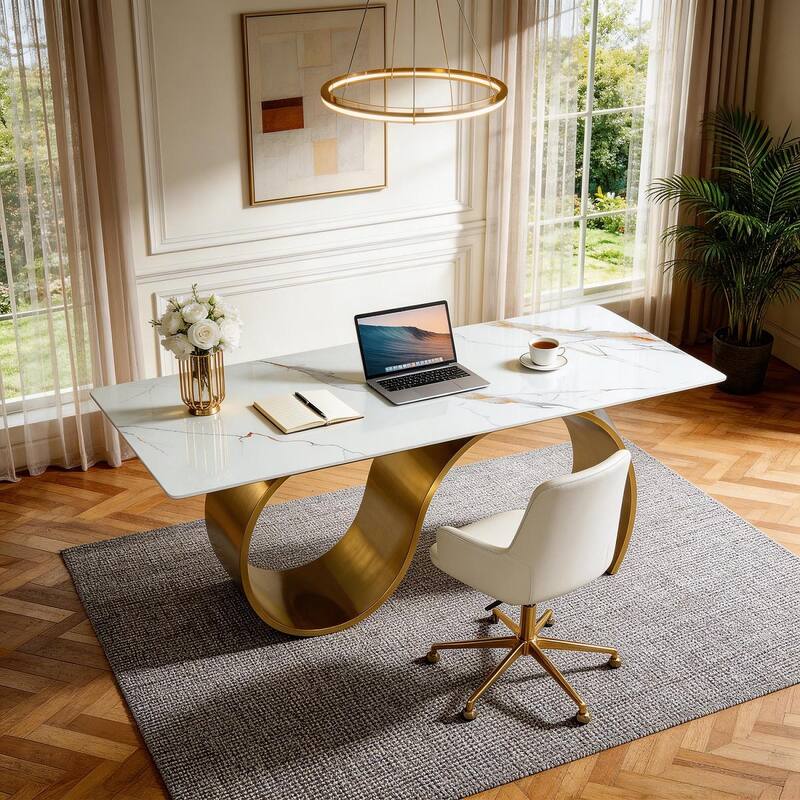 Luxury 78.7" Sintered Stone Office Executive Desk with Stainless Steel Base