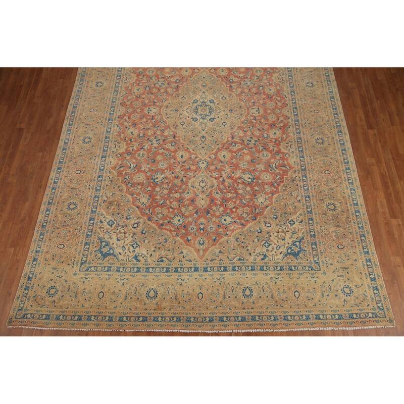 Hand Knotted Oriental 100% Wool Carpet Traditional Floral Oranges & Rust Mashad Area Rug - 14' 0'' X 9' 6''