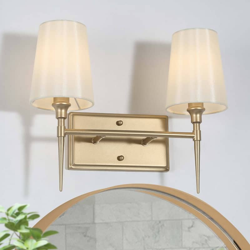 Barr Mid-Century Modern Gold Bathroom Vanity Light Dimmable Fabric Wall Sconces - 2-Light L15"