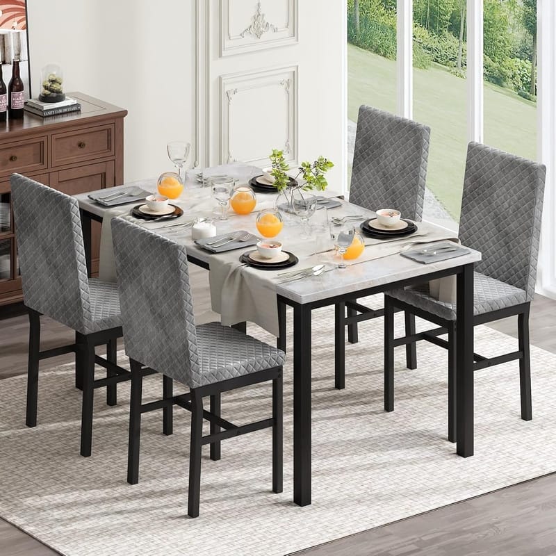 Grondin 5-Piece Dining Room Table Set with Faux Marble Table Top and Diamond Stitching Velvet Upholstery Dining Chairs