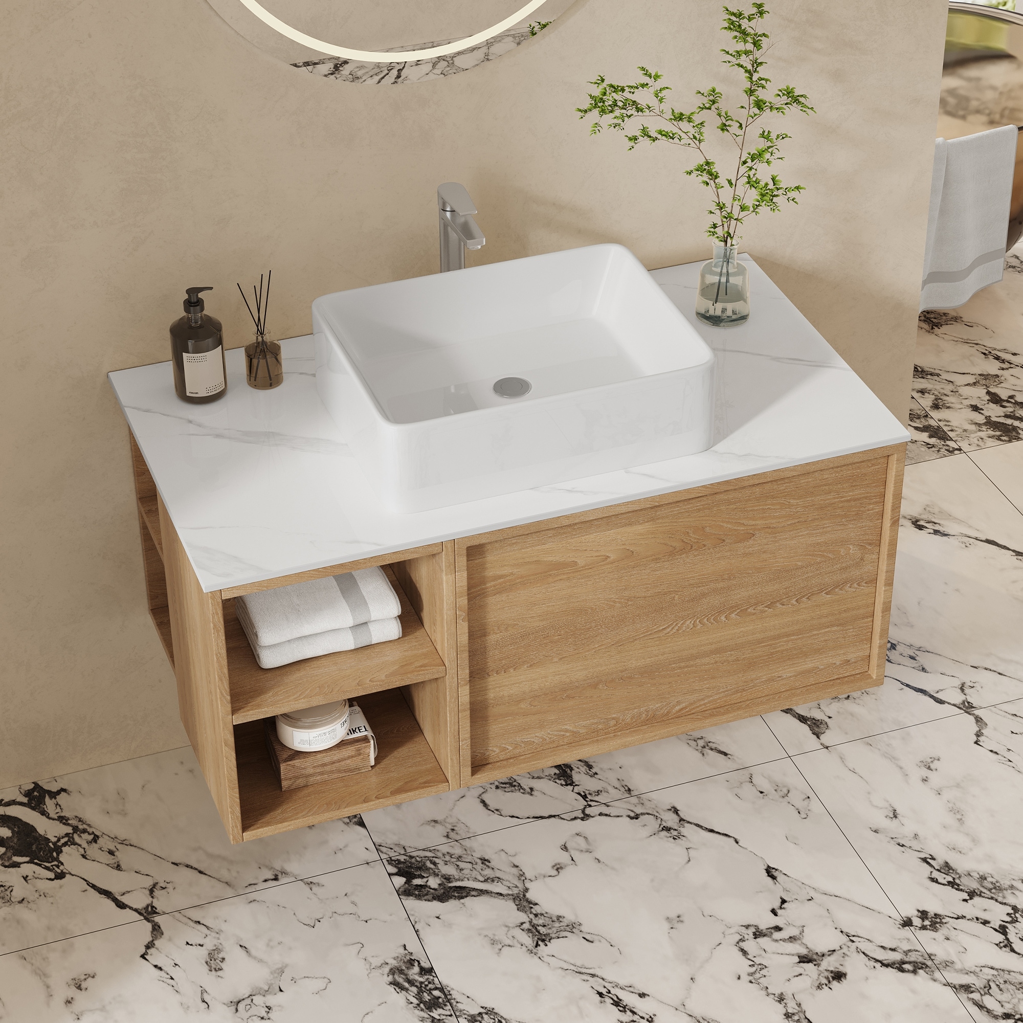 36" Modern Bathroom Vanities With Single Sink, White Glossy Stone Table Top， Floating Vanities With Wood Cabinets