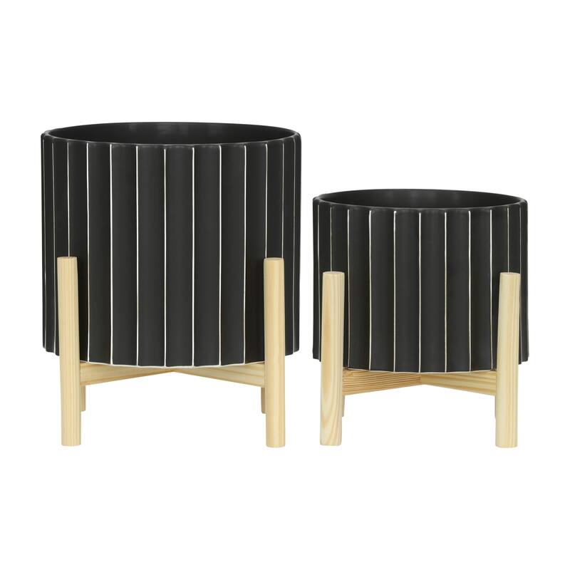 Ceramic Fluted Planter with Wood Stand - Black