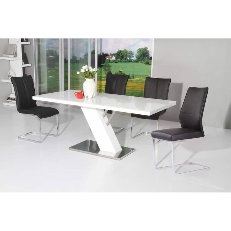White Dining Table, Glass on the Lacquer Top w Stainless Steel Base