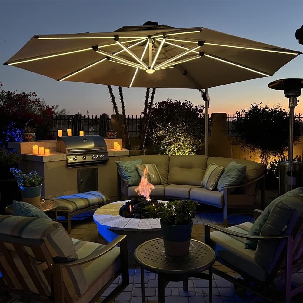 12 ft round patio umbrella 360° Rotation Aluminum Large Cantilever The elegant curved pole design allows for easy adjustment with a crank and auto Luxury 12 ft Patio Umbrellas