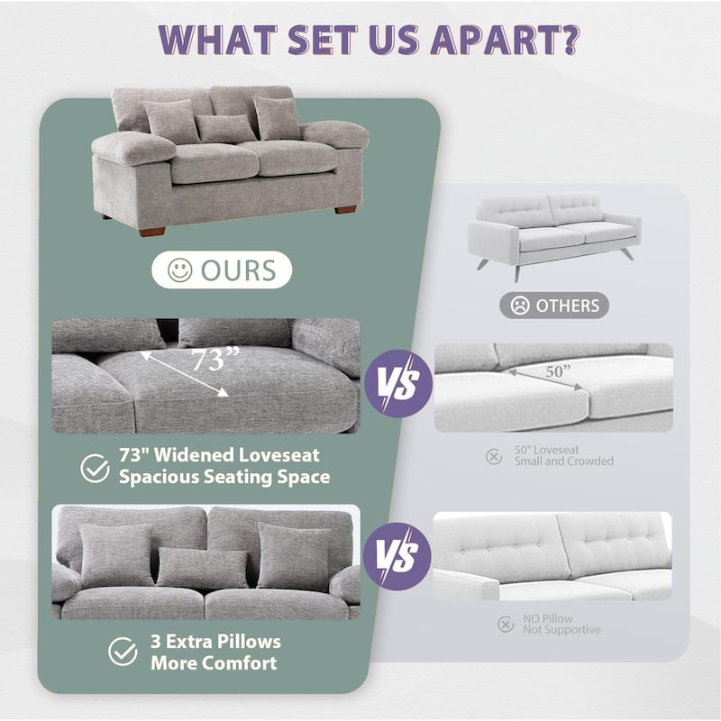Plush Chenille Loveseat 73" - Includes Bonus 3 Pillows & Removable Back Cushion - Living Room 2-Seater Sofa
