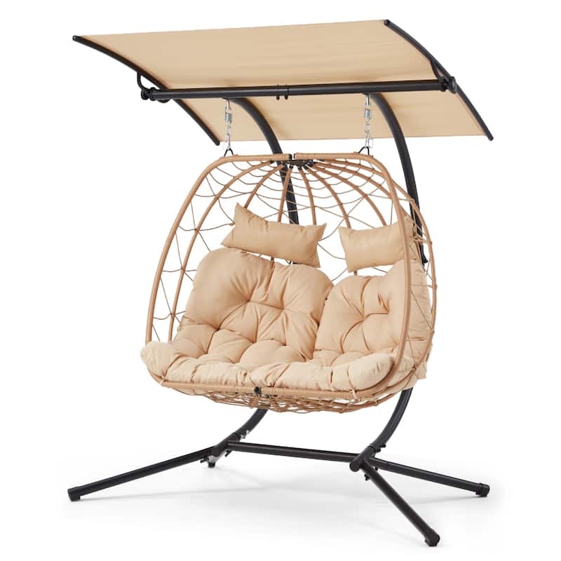 Double Egg Chair with Stand/Adjustable Canopy Patio Hammock Chair Hanging Swing Wicker Rattan Basket for Outdoor Balcony Garden