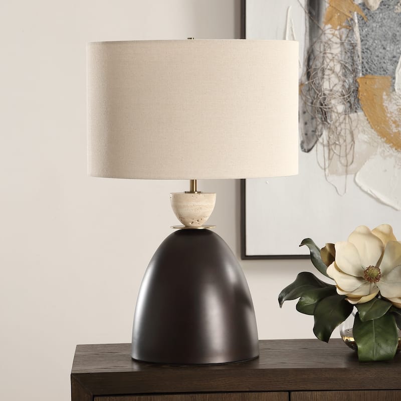 Iron Table Lamp with Drum Shade - 24.5" - Bronze-Finish