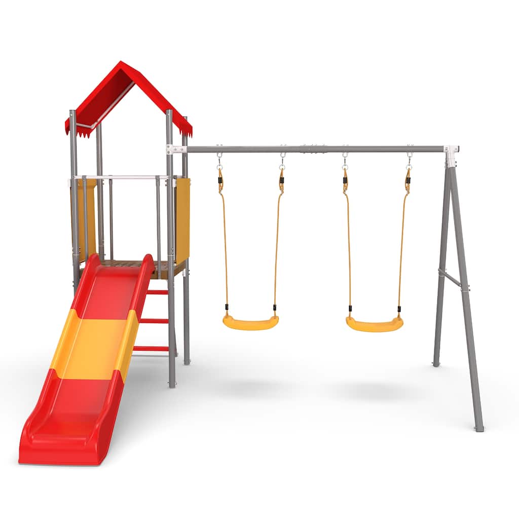 Metal and Plastic Treehouse Swing Set with Slide, Belt Swings, and Canopy Safe, Sturdy, and Portable for Kids Ages 3-8
