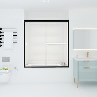 SL4U Bathtub Double Sliding Shower Tub Door, Clear Glass Matte Black - 60" W x 62" H