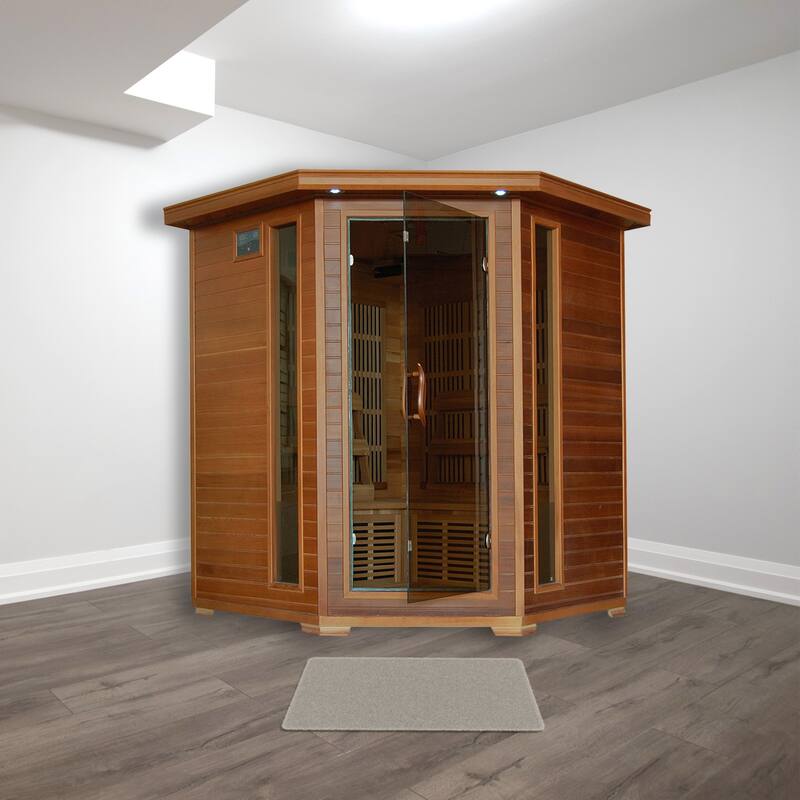 HeatWave Whistler 4-Person Cedar Corner Infrared Sauna with 10 Carbon Heaters - Cedar