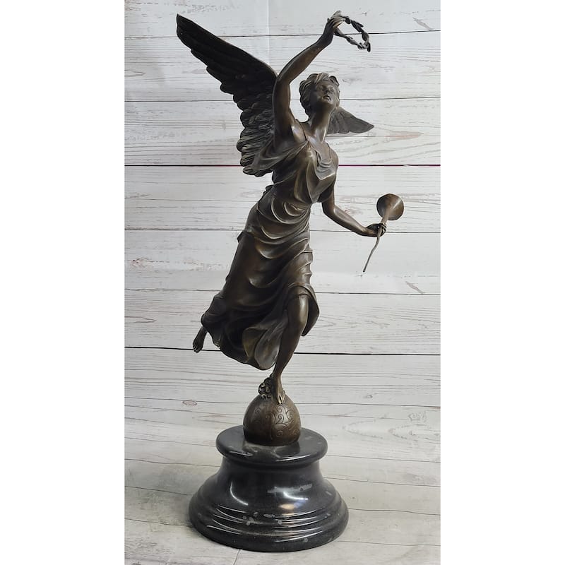 Bronze Sculpture Statue Figure Of Winged Female Angel Holding Wreath Trumpet Horn