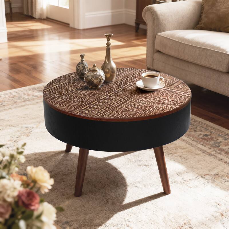 Rossetta 31.5'' American Country Style Decorative Round Coffee Table with Uniquely Carved Tabletop and Solid Wood Legs - Black