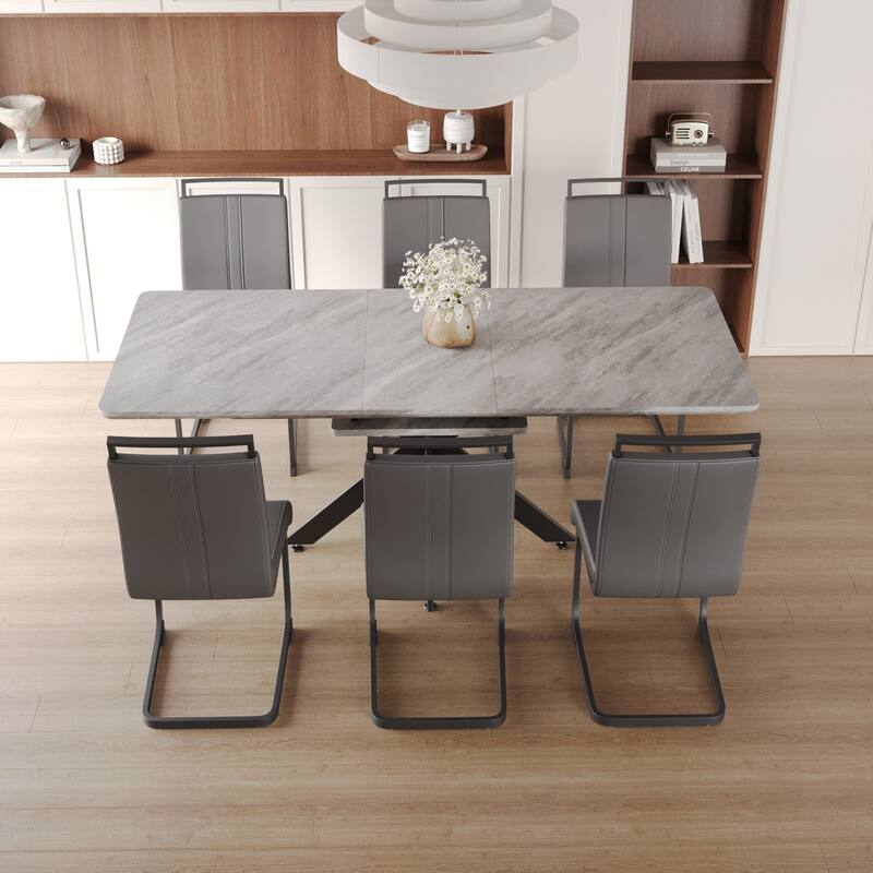 Modern Dining Set with Rectangular Extendable Table & C-shaped Tube Soft Padded Armless Chairs