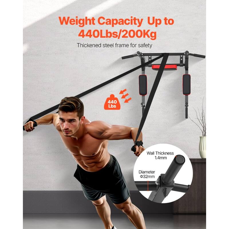 Multifunctional Pull Up Dip Bar Wall Mounted Heavy Duty Home Gym Chin Up Bar with Cushion Seat - 37.48” x 24.72” x 29.65”