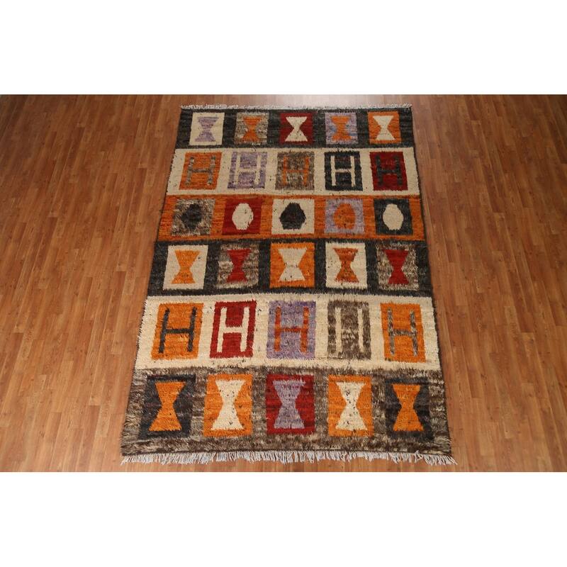Hand Knotted Oriental 100% Wool Carpet Modern Tribal Multi-Colored Moroccan Area Rug - 9' 7'' X 6' 9''