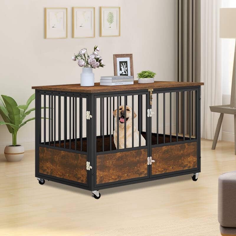 38"/43" Dog Crate Furniture Cage Table with Wheels And Double Doors