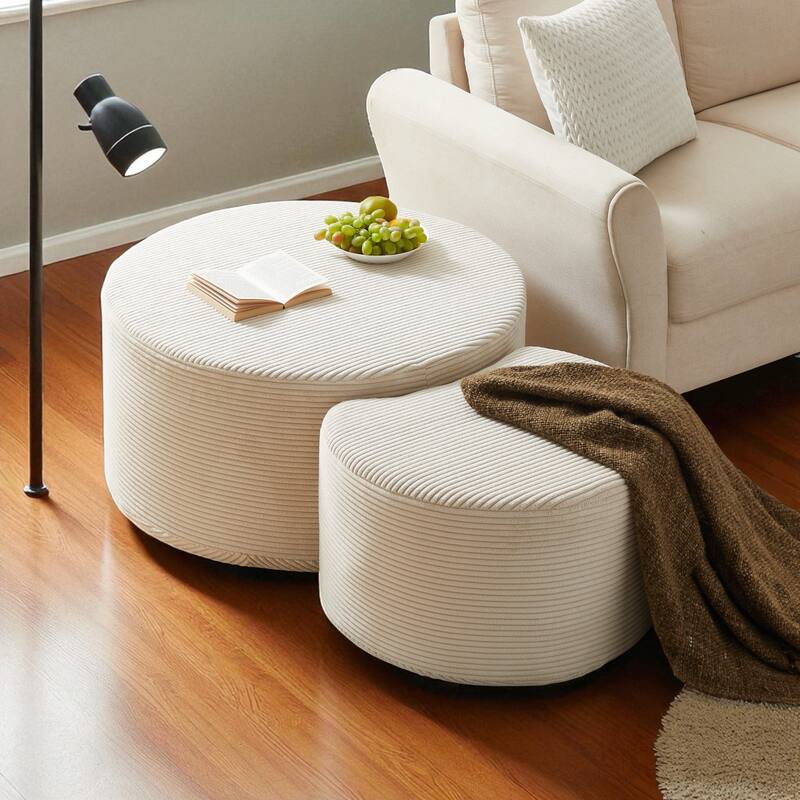 Set of 2 Round Nesting Coffee Tables, Upholstered Corduroy Ottoman Accent Tables, Modern Foam Design, No Assembly