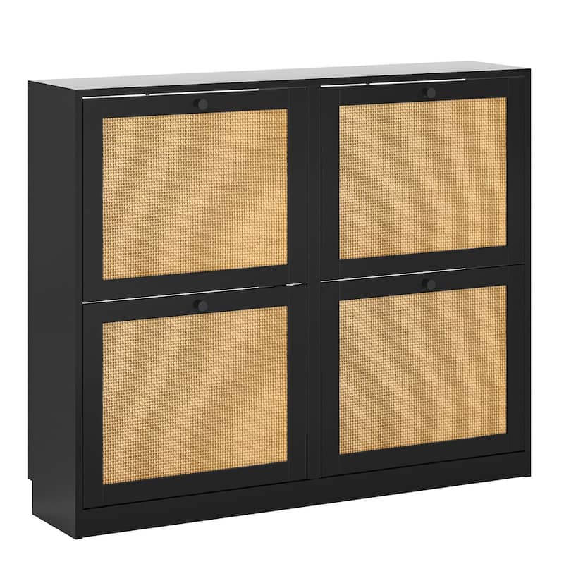 Anmytek 24 Pairs Large White Rattan Shoe Storage Cabinet with 4 Flip Drawers Narrow Shoe Storage Organizer for Entryway